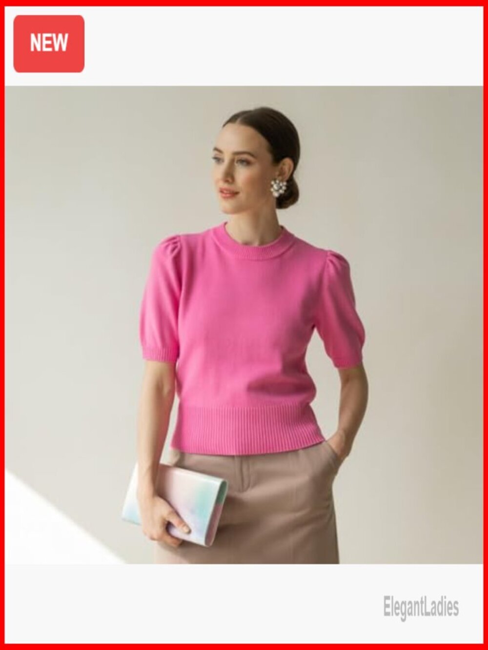 Puff Short Sleeve Sweater Top Spring Summer Trendy Crew Neck Casual Blouse - Picture 4 of 7
